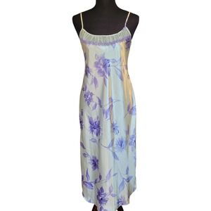 Vintage Satin Midi Slip Dress Green Purple Floral M Coquette Whimsigoth Fairy
